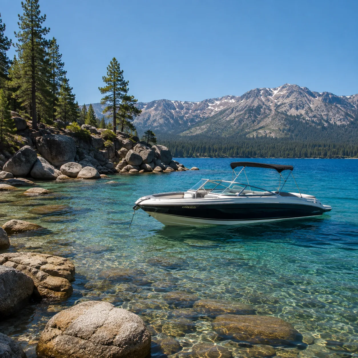 Well-kept powerboat on clear blue Lake Tahoe water