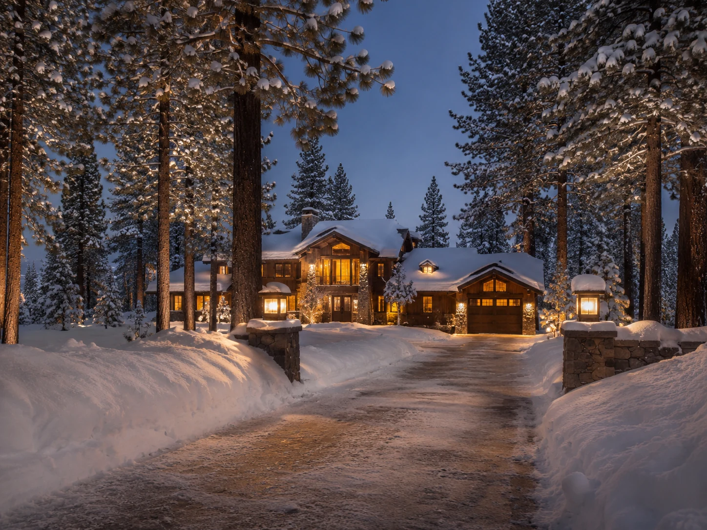 Snowy Tahoe driveway leading to a warm alpine home in winter