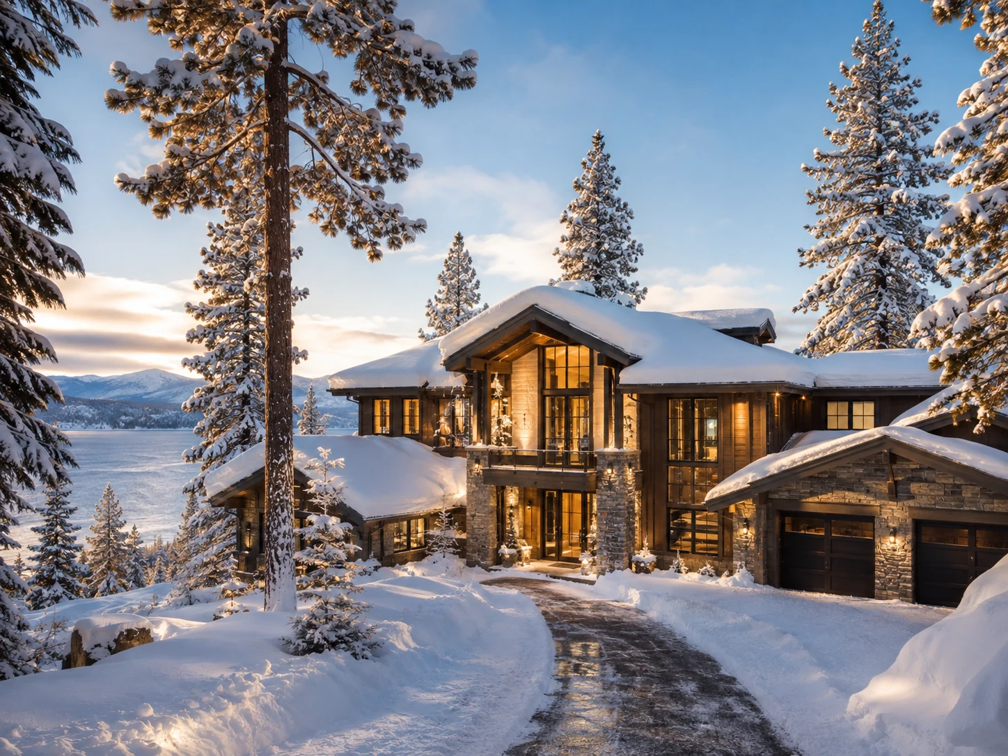 Tahoe chalet in winter with snow-covered setting
