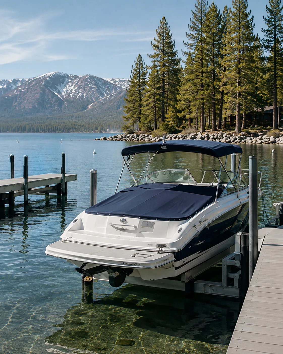 Well-kept boat at a Lake Tahoe dock with mountain views
