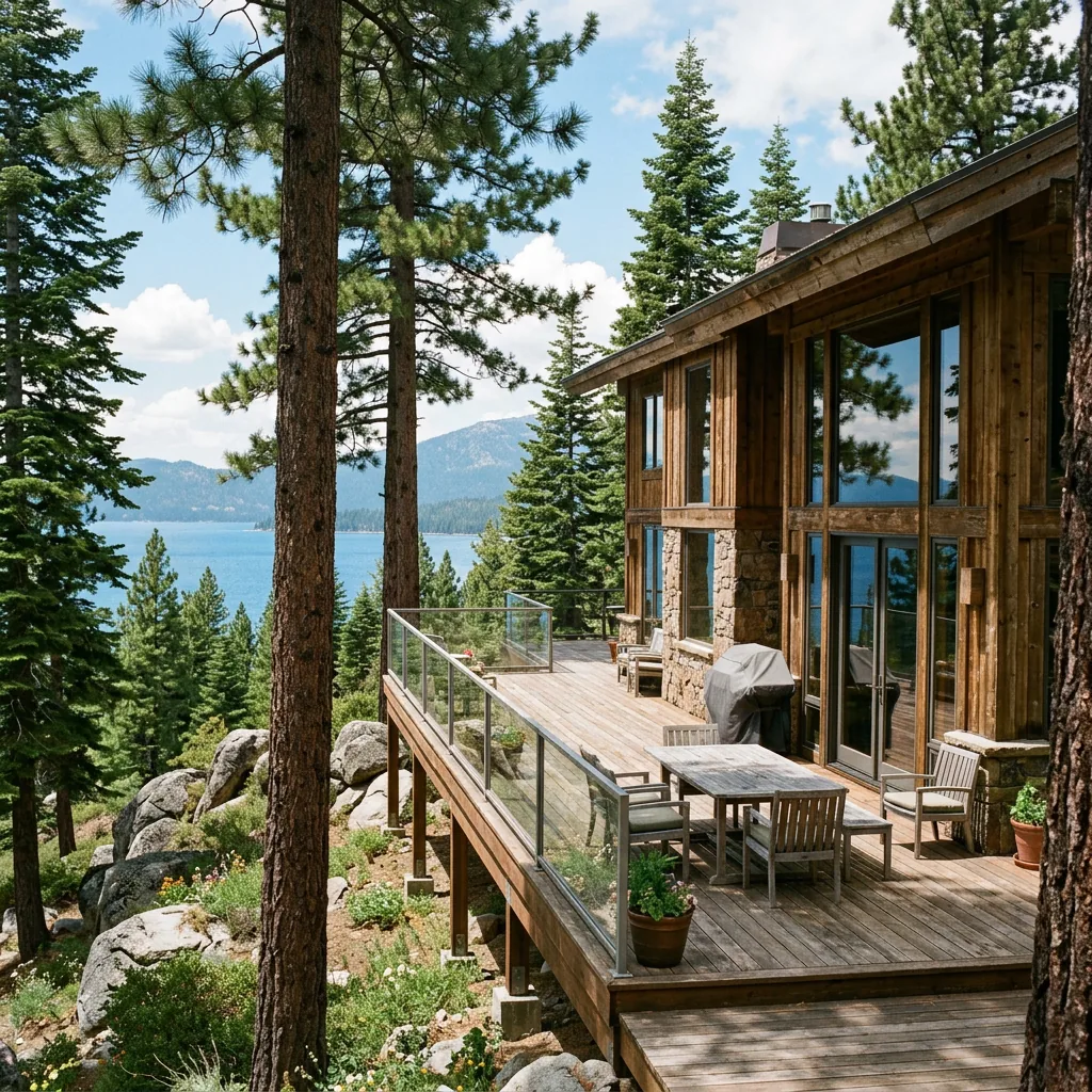 Lake Tahoe residence and deck among mature pines in summer